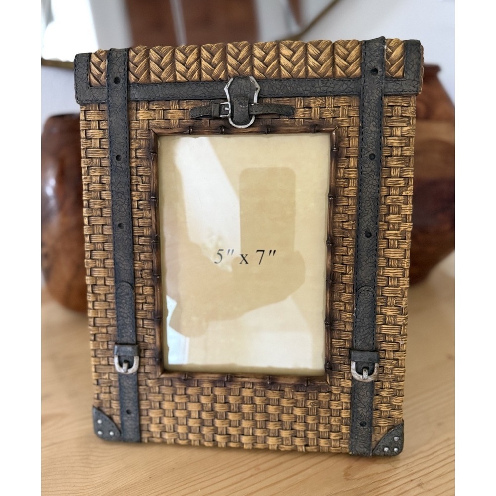 Vintage Faux Woven Wood‎ Basket w/ Buckle Picture Frame Grandpa Core Chic